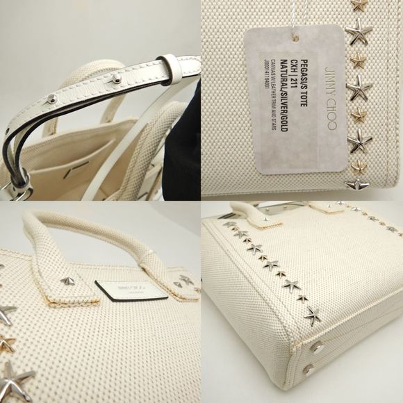 JIMMY CHOO Pegasi S CXH211 Handbag Star Studded Canvas x Leather NATURAL 251552 - Picture 8 of 10